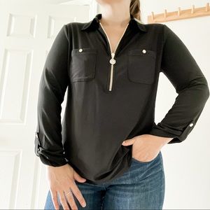 NWT Anne Klein 1/2 Zip Black Blouse